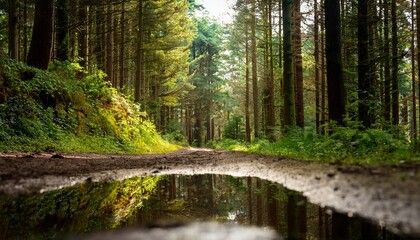 Obraz premium lush forest path reflecting in a puddle