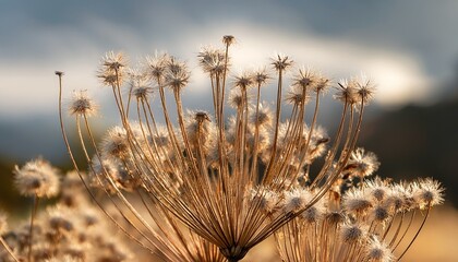 close up of dried seed heads on thin twisting stems