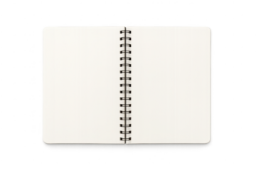 Open spiral notebook with a transparent background, blank spread view