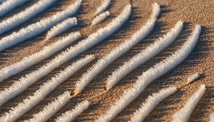 a close up of frost on sand showing diagonal snow lined streaks and ice crystals