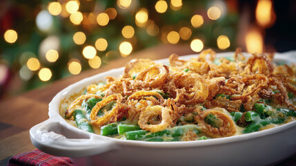 Delicious Homemade Green Bean Casserole with Crispy Fried Onion Toppings in a White Ceramic Dish against a Festive Holiday Background with Warm Golden Bokeh Lights for Thanksgiving or Christmas Dinner