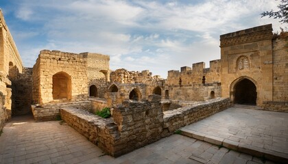 Fototapeta premium a historic stone ruin beside a raised courtyard in baku azerbaijan