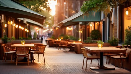 Fototapeta premium charming outdoor cafe scene with cozy ambiance warm lighting wooden tables and urban street atmosphere ideal for socializing and relaxation in a modern city