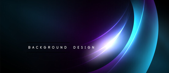 Dark background features vibrant curved lines. Blue, purple hues create modern abstract design. Text reads background design.