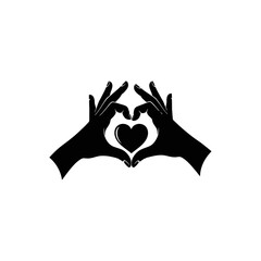 Two black silhouette hands forming a heart shape with a smaller heart icon inside, isolated on a white background.