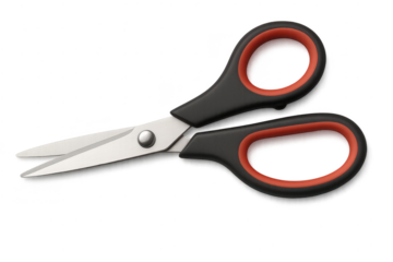 Sharp scissors with black and red handles, on transparent background