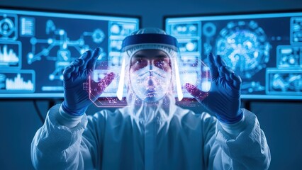 A scientist in a protective suit is holding glowing transparent screens, analyzing data in a futuristic laboratory with blue-lit monitors.