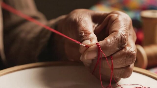 Close Up of Senior Hands Embroidering Red Thread Through Fabric With Needle in Warm Light With Visible Skin Texture and Spools in Blurred Background