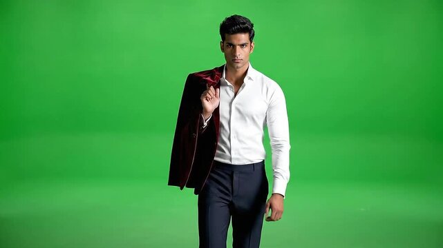 Confident Man in White Shirt and Velvet Jacket Walking On Green Screen Isolated Background Studio Shot for Advertisement and Promotions