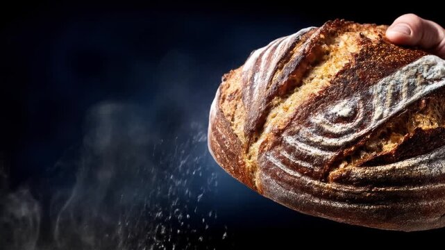 Artisanal bread loaf displayed against a dark background with flour