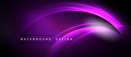 Purple abstract background. Smooth curves create dynamic light effect. Text reads background design. Dark shades dominate composition.