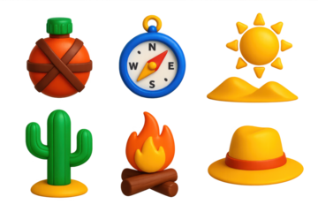 Variety of cartoonish icons, including a compass, a sun, a cactus, a fire