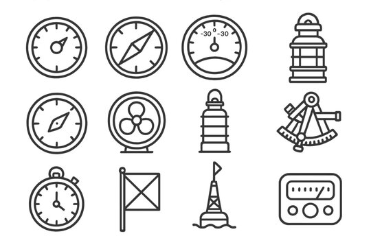 Marine Instruments Icons. Line style icons of marine instruments: depth gauge, ship compass, rudder angle indicator, engine