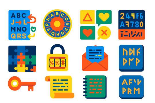 Secret Code Icons. Flat vector icons of Secret Codes: substitution cipher, Caesar shift wheel, coded symbols, hidden numbers,