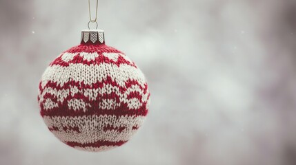 Knitted red and white Christmas ornament hanging in a snowy winter scene