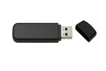 Black USB Flash Drive with Cap on a transparent background, isolated