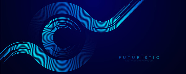 Abstract glowing circle lines on dark blue background. Geometric stripe line art design. Modern shiny blue lines. Futuristic technology concept. Suit for business, poster, banner, corporate, website