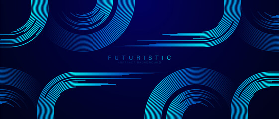 Abstract glowing circle lines on dark blue background. Geometric stripe line art design. Modern shiny blue lines. Futuristic technology concept. Vector illustration