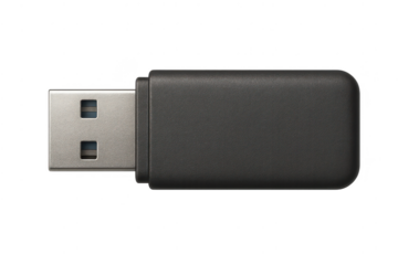 Dark grey USB drive on transparent background, portable data storage.