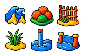 Variety of beach and ocean-related icons, including a wave, a beach ball