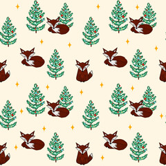 seamless pattern illustration of brown fox and fir tree with star decoration on cream background
