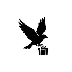 A black silhouette of a bird in flight carrying a small gift box with a bow, isolated on a white background.