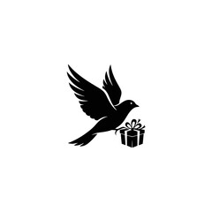 A black silhouette of a dove flying and carrying a small gift box with a bow, symbolizing delivery or a special message.