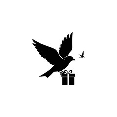 A black silhouette of a flying bird carrying a gift box, with another smaller bird in the distance, on a white background.