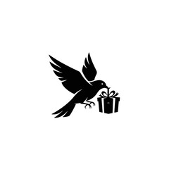 A black silhouette of a bird in flight carrying a gift box, with another smaller bird flying in the distance, on a white background.