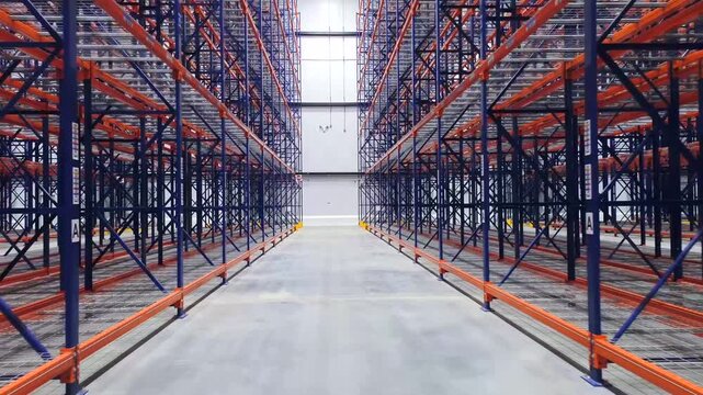 Interior of isle inside a modern warehouse with empty racking system design for cold storage