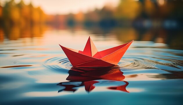 bright red paper boat floating on calm water with gentle ripples in serene atmosphere generative ai