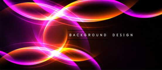 Abstract neon lines create dynamic curves, glowing against dark background. Bright orange, purple hues dominate composition. Modern design element.