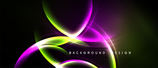 Abstract vibrant curves, glowing lines create dynamic background. Purple, green hues dominate dark space. Modern design element.