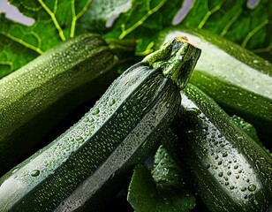fresh zucchini with water droplets on lush green leaves