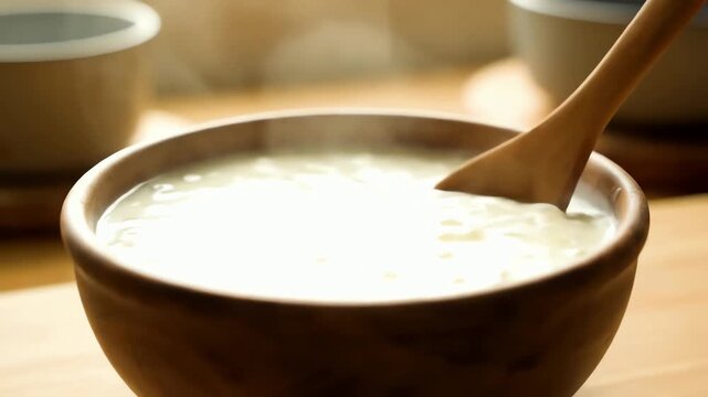 Stirring hot steaming porridge or rice pudding in a wooden bowl for a cozy morning breakfast