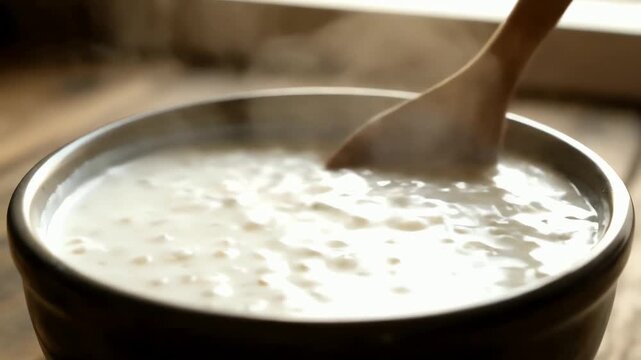 A wooden spoon stirring hot creamy tapioca pudding in a ceramic bowl as steam rises