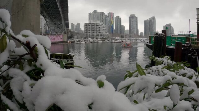 Vancouver, British Columbia, Canada &ndash; February 13, 2021. Snowy Granville Island Commuter Ferry False Creek 4K UHD. A False Creek Aquabus travels to Granville Island in the snow. Vancouver, Canada. 
