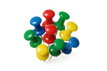 Colorful push pins close up on transparent background, office supply.