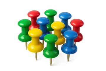 Colorful pushpins on transparent background, office supplies detail.