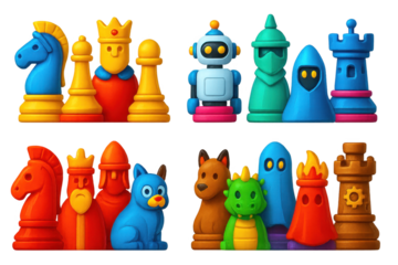 Set of colorful chess pieces, including a robot, a cat, a dog, and a dragon