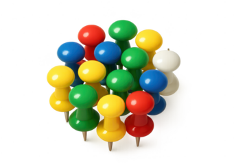 Colorful push pins on a transparent background detail photo image.