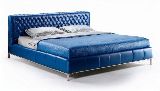 camas moderna de cuero azul sobre fondo blanco