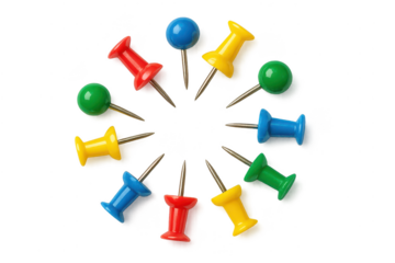 Colorful push pins scattered on a transparent background illustration.