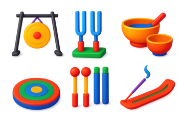 Sound Meditation Icons. 3D icon set of sound meditation setups: gong stands, tuning forks, singing bowls, mallet sets, cushion
