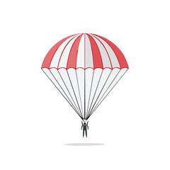 Obraz premium Parachute Descent with Small Silhouette Figure Floating from Above in Minimalistic Style, Red and White Canopy Design, Skydiving Activity