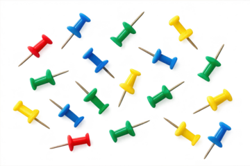 Colorful push pins scattered on a transparent background with needles