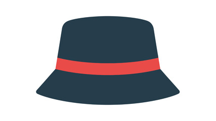 A simple illustration of a dark blue bucket hat with a vibrant red band detail