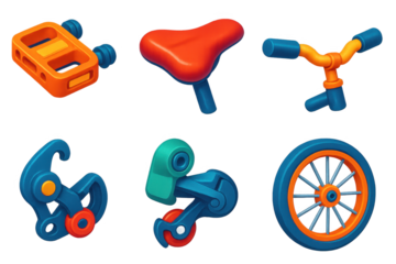 Set of bicycle parts, including a seat, pedals, and a handlebar