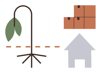 Drooping plant with roots, dashed line, stacked boxes, and house depict relocation, environmental awareness, transition, supply chain, growth home care and sustainability. Simple flat metaphor