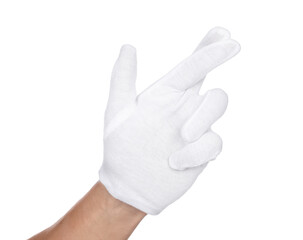 Man in cloth glove showing crossed fingers gesture on white background, closeup